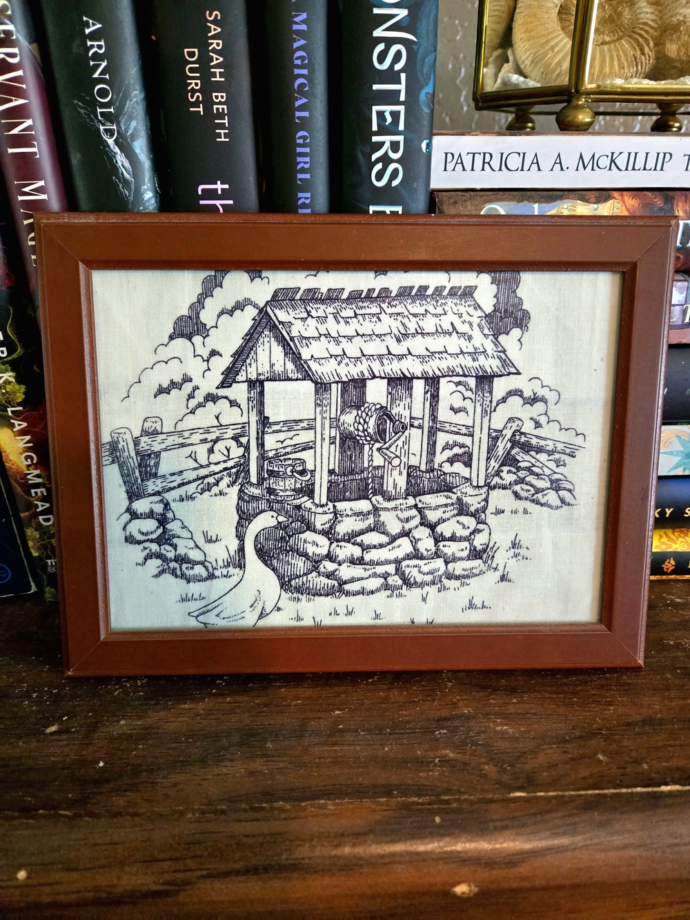 Vintage Framed Rustic Wishing Well Wall Art in Brown